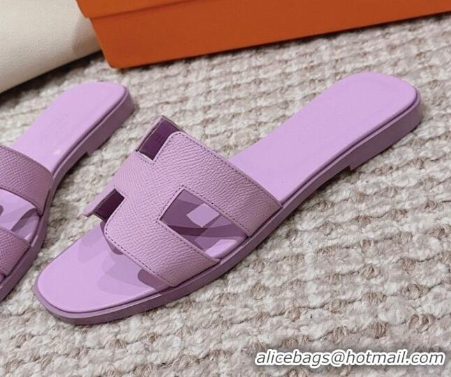 Luxury Hermes Classic Oran Flat Slide Sandals in Grained Calfskin Purple 814058