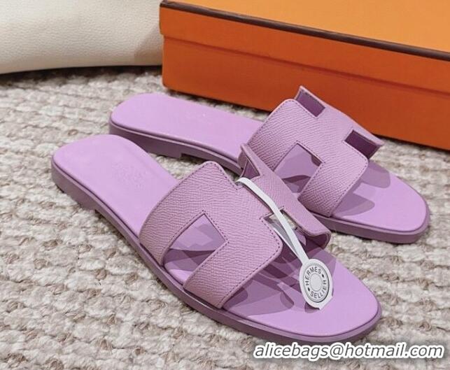 Luxury Hermes Classic Oran Flat Slide Sandals in Grained Calfskin Purple 814058