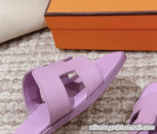 Luxury Hermes Classic Oran Flat Slide Sandals in Grained Calfskin Purple 814058