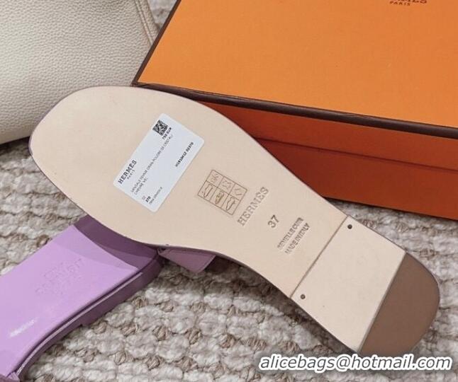 Luxury Hermes Classic Oran Flat Slide Sandals in Grained Calfskin Purple 814058