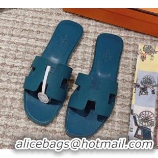 Top Quality Hermes Classic Oran Flat Slide Sandals in Grained Calfskin Peacock Blue 814059