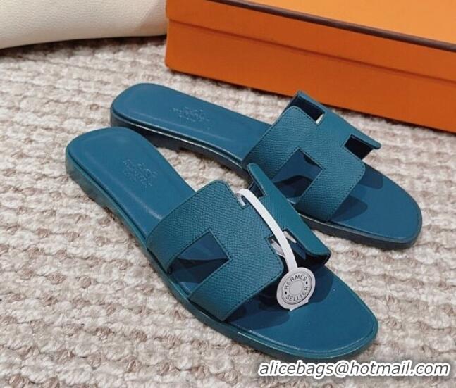 Top Quality Hermes Classic Oran Flat Slide Sandals in Grained Calfskin Peacock Blue 814059