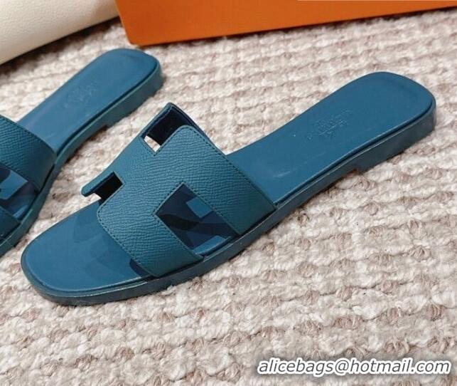 Top Quality Hermes Classic Oran Flat Slide Sandals in Grained Calfskin Peacock Blue 814059