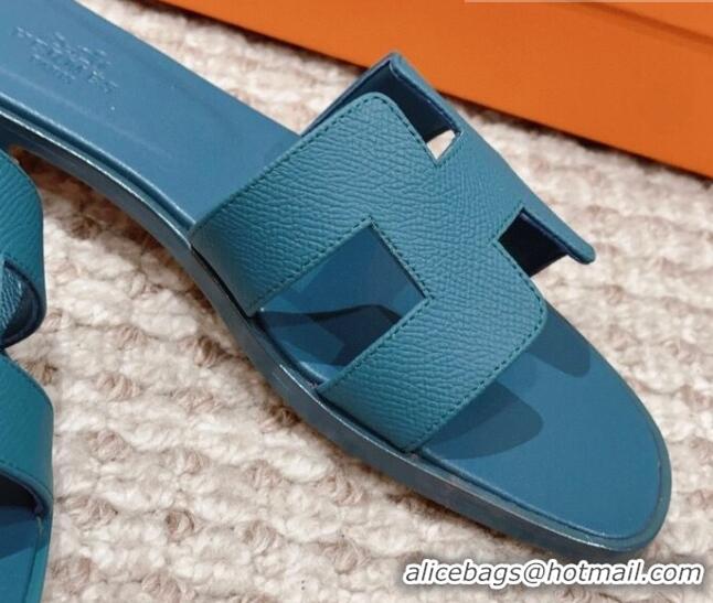 Top Quality Hermes Classic Oran Flat Slide Sandals in Grained Calfskin Peacock Blue 814059