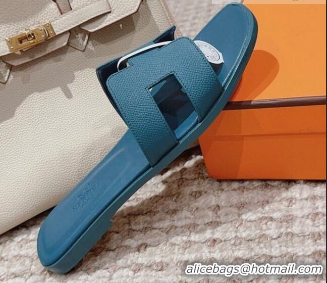 Top Quality Hermes Classic Oran Flat Slide Sandals in Grained Calfskin Peacock Blue 814059