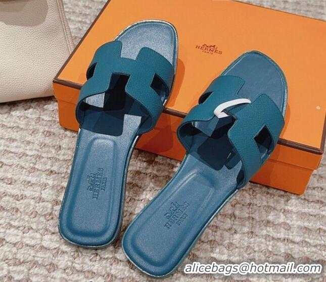 Top Quality Hermes Classic Oran Flat Slide Sandals in Grained Calfskin Peacock Blue 814059