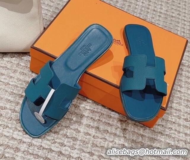 Top Quality Hermes Classic Oran Flat Slide Sandals in Grained Calfskin Peacock Blue 814059