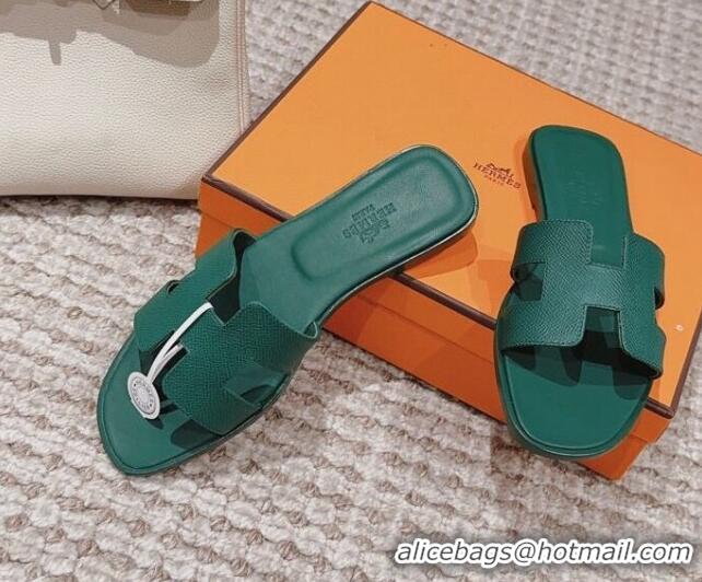 AAAAA Hermes Classic Oran Flat Slide Sandals in Grained Calfskin Green 814060