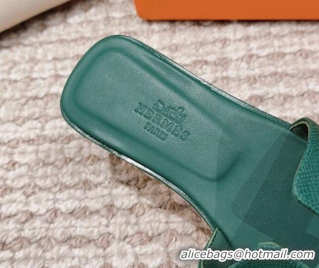 AAAAA Hermes Classic Oran Flat Slide Sandals in Grained Calfskin Green 814060