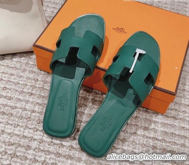 AAAAA Hermes Classic Oran Flat Slide Sandals in Grained Calfskin Green 814060