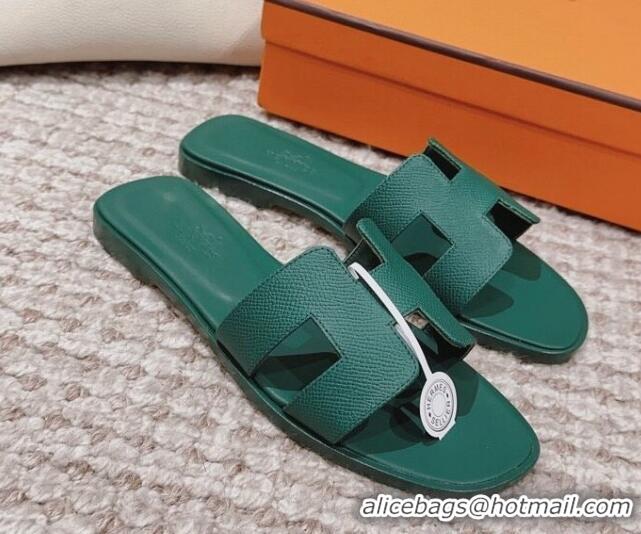 AAAAA Hermes Classic Oran Flat Slide Sandals in Grained Calfskin Green 814060