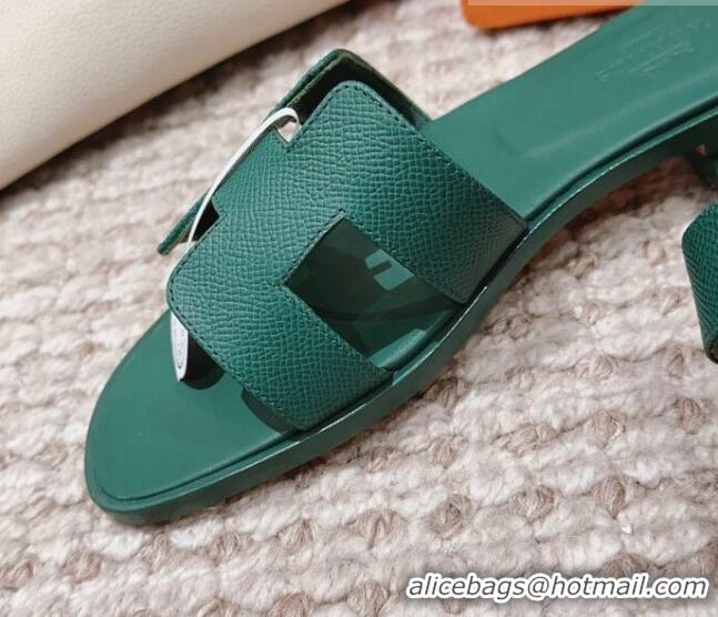 AAAAA Hermes Classic Oran Flat Slide Sandals in Grained Calfskin Green 814060