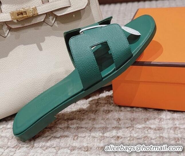 AAAAA Hermes Classic Oran Flat Slide Sandals in Grained Calfskin Green 814060