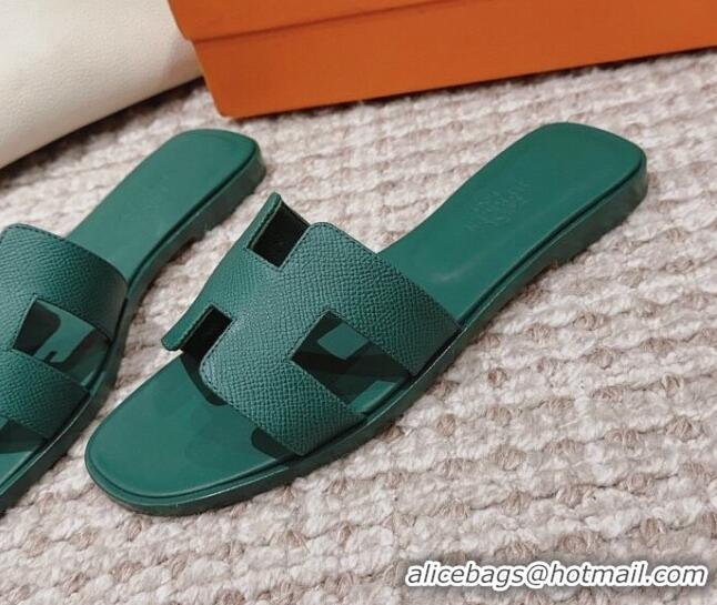 AAAAA Hermes Classic Oran Flat Slide Sandals in Grained Calfskin Green 814060