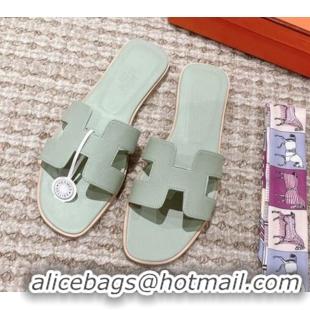 Best Quality Hermes Classic Oran Flat Slide Sandals in Grained Calfskin Mint Green 814061