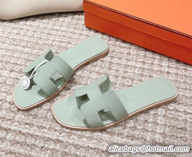 Best Quality Hermes Classic Oran Flat Slide Sandals in Grained Calfskin Mint Green 814061