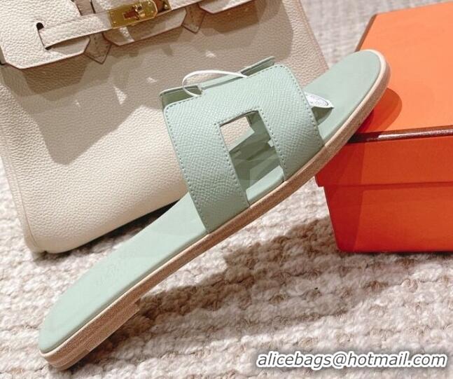 Best Quality Hermes Classic Oran Flat Slide Sandals in Grained Calfskin Mint Green 814061