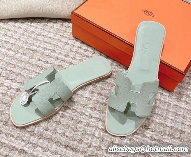 Best Quality Hermes Classic Oran Flat Slide Sandals in Grained Calfskin Mint Green 814061