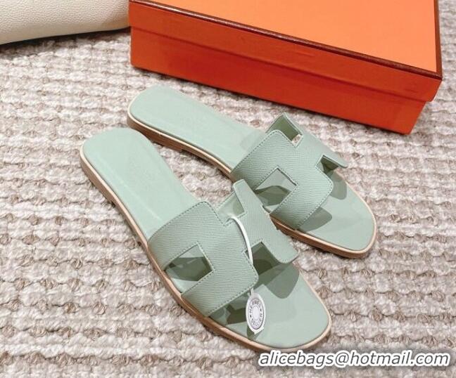 Best Quality Hermes Classic Oran Flat Slide Sandals in Grained Calfskin Mint Green 814061