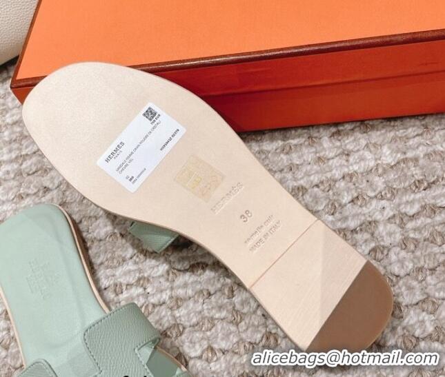 Best Quality Hermes Classic Oran Flat Slide Sandals in Grained Calfskin Mint Green 814061