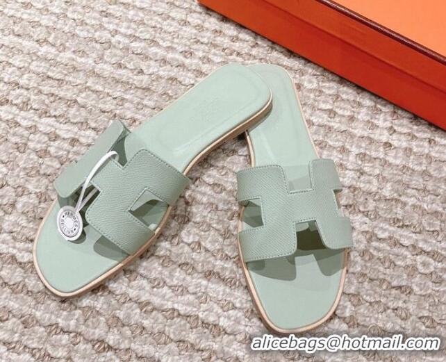 Best Quality Hermes Classic Oran Flat Slide Sandals in Grained Calfskin Mint Green 814061