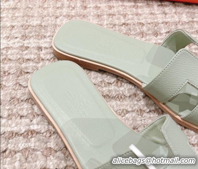 Best Quality Hermes Classic Oran Flat Slide Sandals in Grained Calfskin Mint Green 814061