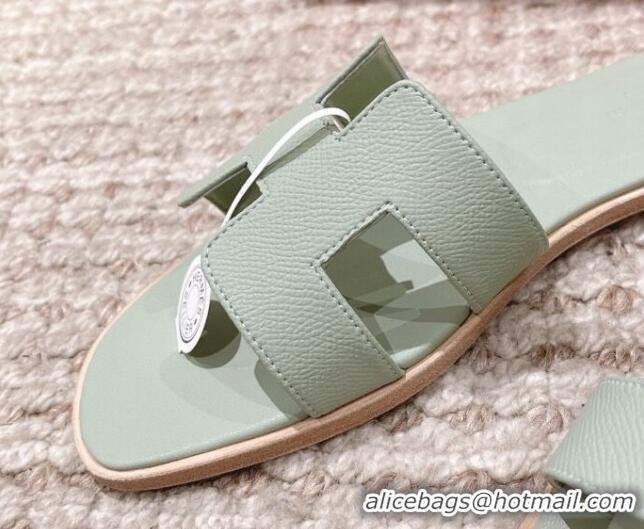 Best Quality Hermes Classic Oran Flat Slide Sandals in Grained Calfskin Mint Green 814061