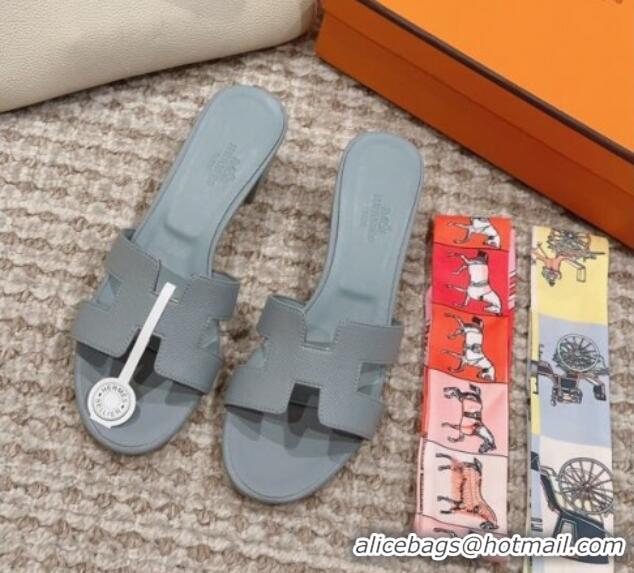 New Design Hermes Classic Oasis Heel Slide Sandals 4.5cm in Palm Grained Leather Dusty Blue 814062