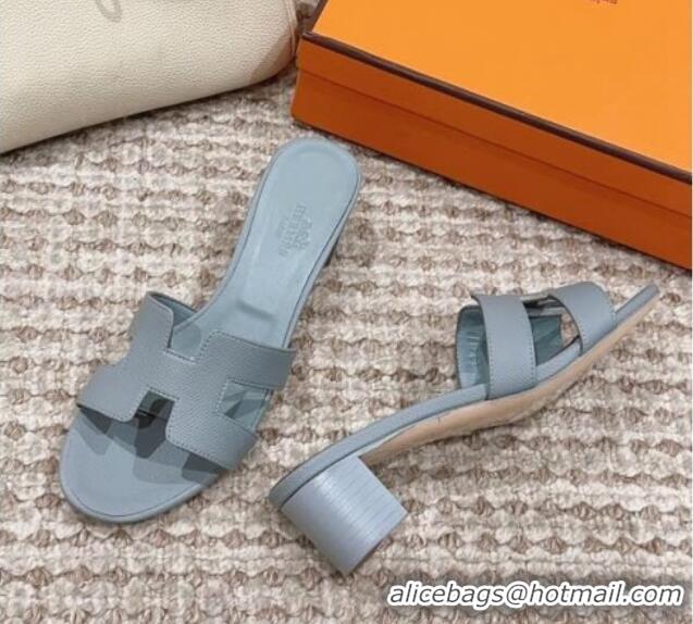 New Design Hermes Classic Oasis Heel Slide Sandals 4.5cm in Palm Grained Leather Dusty Blue 814062