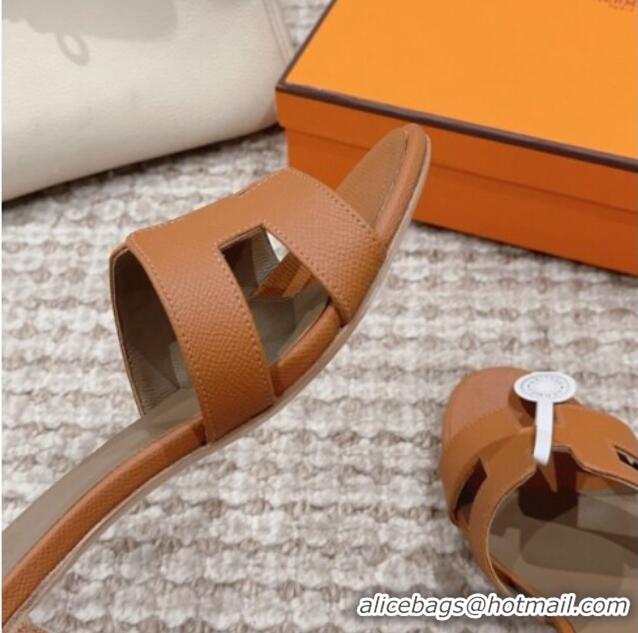 Top Quality Hermes Classic Oasis Heel Slide Sandals 4.5cm in Palm Grained Leather Brown/Grey 814064