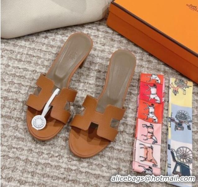 Top Quality Hermes Classic Oasis Heel Slide Sandals 4.5cm in Palm Grained Leather Brown/Grey 814064