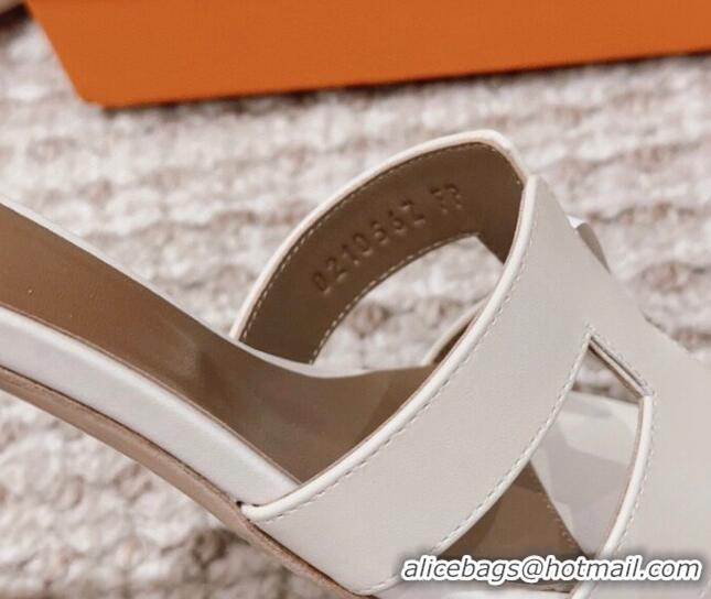 Grade Quality Hermes Classic Oasis Heel Slide Sandals 4.5cm in Smooth Leather White/Grey 814066