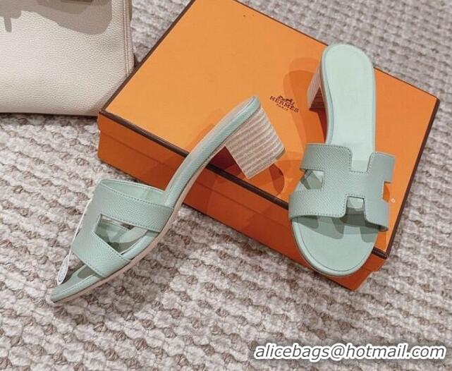 Top Design Hermes Classic Oasis Heel Slide Sandals 4.5cm in Palm Grained Leather Mint Green 814068