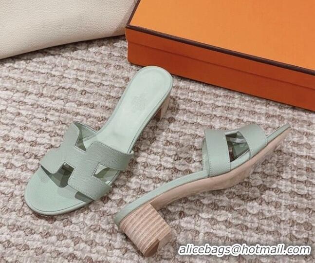 Top Design Hermes Classic Oasis Heel Slide Sandals 4.5cm in Palm Grained Leather Mint Green 814068