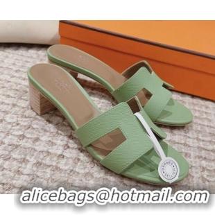 Cheap Price Hermes Classic Oasis Heel Slide Sandals 4.5cm in Palm Grained Leather Green/Grey 814069