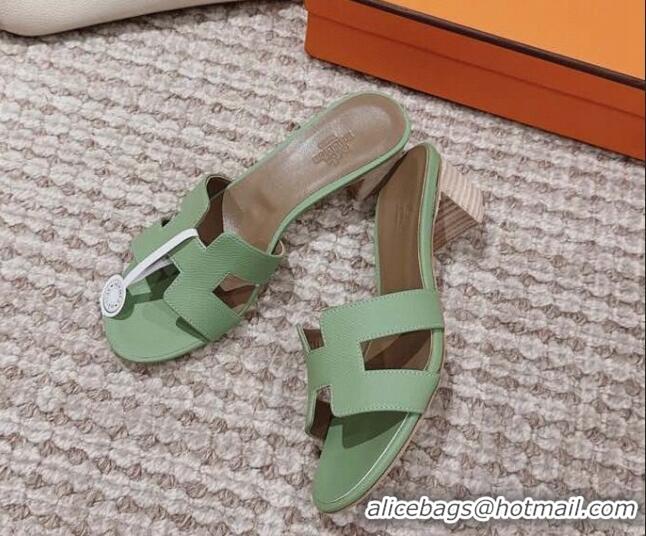 Cheap Price Hermes Classic Oasis Heel Slide Sandals 4.5cm in Palm Grained Leather Green/Grey 814069