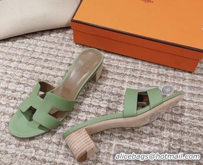 Cheap Price Hermes Classic Oasis Heel Slide Sandals 4.5cm in Palm Grained Leather Green/Grey 814069