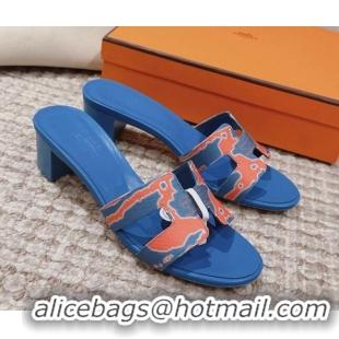 Top Grade Hermes Classic Oasis Heel Slide Sandals 4.5cm in Printed Canvas Blue 814072