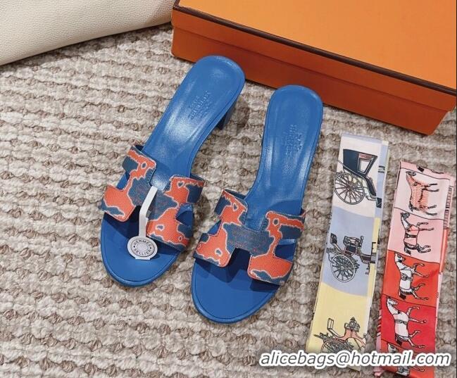 Top Grade Hermes Classic Oasis Heel Slide Sandals 4.5cm in Printed Canvas Blue 814072