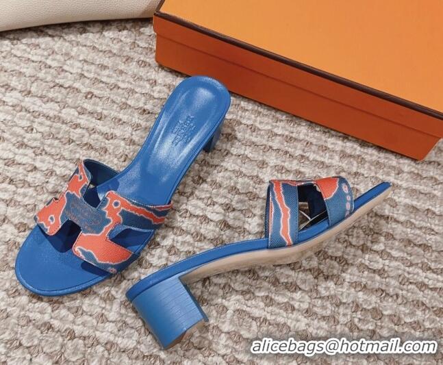 Top Grade Hermes Classic Oasis Heel Slide Sandals 4.5cm in Printed Canvas Blue 814072