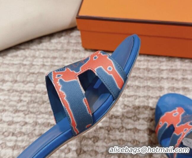 Top Grade Hermes Classic Oasis Heel Slide Sandals 4.5cm in Printed Canvas Blue 814072