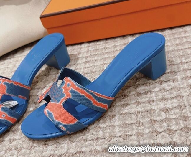 Top Grade Hermes Classic Oasis Heel Slide Sandals 4.5cm in Printed Canvas Blue 814072