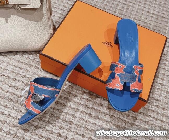 Top Grade Hermes Classic Oasis Heel Slide Sandals 4.5cm in Printed Canvas Blue 814072