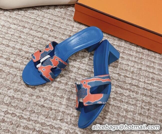 Top Grade Hermes Classic Oasis Heel Slide Sandals 4.5cm in Printed Canvas Blue 814072