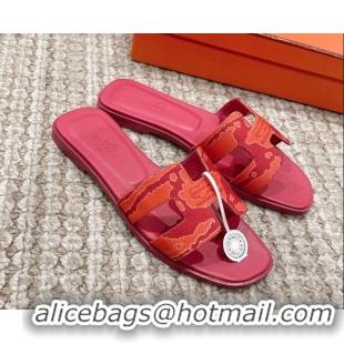 Unique Style Hermes Classic Oran Flat Slide Sandals in Printed Canvas Red 814071