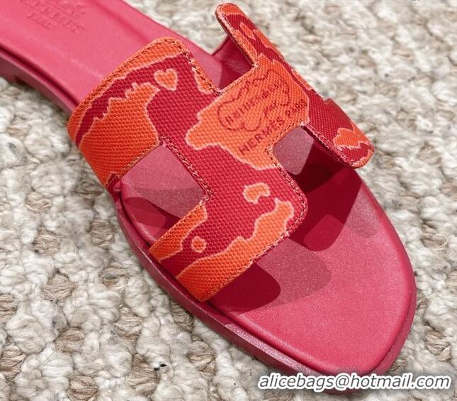 Unique Style Hermes Classic Oran Flat Slide Sandals in Printed Canvas Red 814071