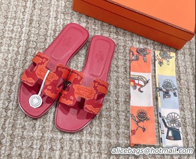 Unique Style Hermes Classic Oran Flat Slide Sandals in Printed Canvas Red 814071