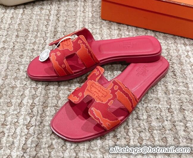 Unique Style Hermes Classic Oran Flat Slide Sandals in Printed Canvas Red 814071