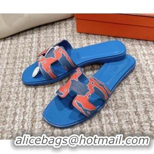 Popular Style Hermes Classic Oran Flat Slide Sandals in Printed Canvas Blue 814074