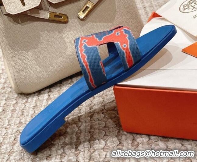 Popular Style Hermes Classic Oran Flat Slide Sandals in Printed Canvas Blue 814074